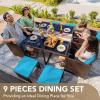 imageDevoko 9 Pieces Patio Dining Sets Outdoor Space Saving Rattan Chairs with Glass Table Patio Furniture Sets Cushioned Seating and Back Sectional Conversation Set BeigeBrownBlue