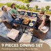 imageDevoko 9 Pieces Patio Dining Sets Outdoor Space Saving Rattan Chairs with Glass Table Patio Furniture Sets Cushioned Seating and Back Sectional Conversation Set BeigeBrownBeige