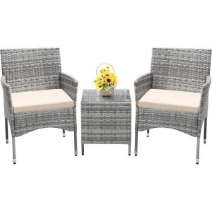 imageDevoko 3 Pieces Patio Furniture Sets Clearance PE Rattan Wicker Chairs with Table Outdoor Garden Porch Furniture Sets Light GreyLight Grey
