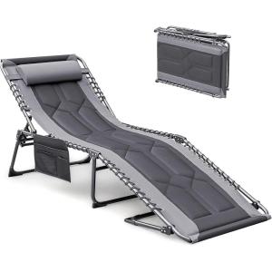 imageDevoko 4Fold Padded Portable Folding Outdoor Chaise Lounge Heavy Duty Reclining Chair with Pillow ampamp Side Pocket for Patio Beach Pool Camping Sunbathing GrayGrey