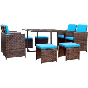 imageDevoko 9 Pieces Patio Dining Sets Outdoor Space Saving Rattan Chairs with Glass Table Patio Furniture Sets Cushioned Seating and Back Sectional Conversation Set BeigeBrownBlue
