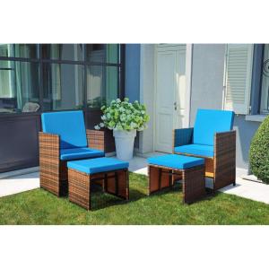 imageDevoko 9 Pieces Patio Dining Sets Outdoor Space Saving Rattan Chairs with Glass Table Patio Furniture Sets Cushioned Seating and Back Sectional Conversation Set BeigeBlue