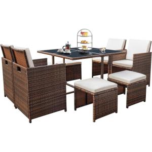 imageDevoko 9 Pieces Patio Dining Sets Outdoor Space Saving Rattan Chairs with Glass Table Patio Furniture Sets Cushioned Seating and Back Sectional Conversation Set BeigeBrownBeige