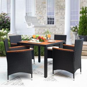 imageDevoko Outdoor Patio Dining Sets 9 Pieces Wicker Outdoor Dining Table and Chairs Set with Acacia Wood Table Top and Widened Armrests for Backyard Garden Deck BlackBeige