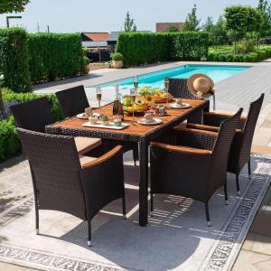 imageDevoko Outdoor Patio Dining Sets 9 Pieces Wicker Outdoor Dining Table and Chairs Set with Acacia Wood Table Top and Widened Armrests for Backyard Garden Deck BlackBlack