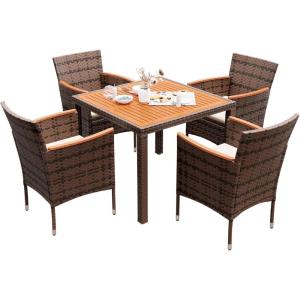 imageDevoko Outdoor Patio Dining Sets 9 Pieces Wicker Outdoor Dining Table and Chairs Set with Acacia Wood Table Top and Widened Armrests for Backyard Garden Deck BlackBrown