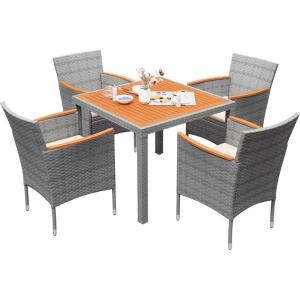 imageDevoko Outdoor Patio Dining Sets 9 Pieces Wicker Outdoor Dining Table and Chairs Set with Acacia Wood Table Top and Widened Armrests for Backyard Garden Deck BlackGrey
