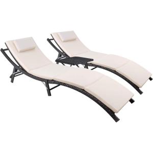 imageDevoko Patio Chaise Lounge Sets Outdoor Rattan Adjustable Back 3 Pieces Cushioned Patio Folding Chaise Lounge with Folding Table BeigeBeige