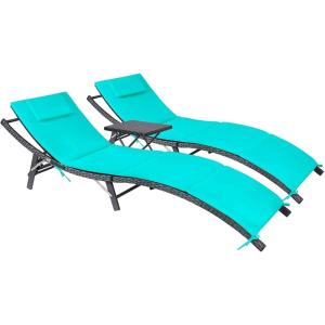 imageDevoko Patio Chaise Lounge Sets Outdoor Rattan Adjustable Back 3 Pieces Cushioned Patio Folding Chaise Lounge with Folding Table BeigeBlue