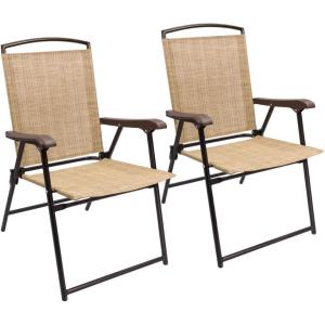 imageDevoko Patio Folding Chair Deck Sling Chair Camping Garden Pool Beach Using Chairs Space Saving Set of 2 Beige
