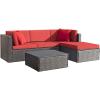 imageDevoko 5 Pieces Patio Furniture Sets All Weather Outdoor Sectional Patio Sofa Manual Weaving Wicker Rattan Patio Seating Sofas with Cushion and Glass TableBeigeRed
