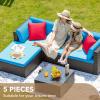 imageDevoko 5 Pieces Patio Furniture Sets All Weather Outdoor Sectional Patio Sofa Manual Weaving Wicker Rattan Patio Seating Sofas with Cushion and Glass TableBeigeBlue