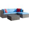 imageDevoko 5 Pieces Patio Furniture Sets All Weather Outdoor Sectional Patio Sofa Manual Weaving Wicker Rattan Patio Seating Sofas with Cushion and Glass TableBeigeBlue