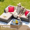 imageDevoko 5 Pieces Patio Furniture Sets All Weather Outdoor Sectional Patio Sofa Manual Weaving Wicker Rattan Patio Seating Sofas with Cushion and Glass TableBeigeBeige