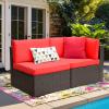 imageDevoko 5 Pieces Patio Furniture Sets All Weather Outdoor Sectional Patio Sofa Manual Weaving Wicker Rattan Patio Seating Sofas with Cushion and Glass TableBeigeRed