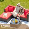 imageDevoko 5 Pieces Patio Furniture Sets All Weather Outdoor Sectional Patio Sofa Manual Weaving Wicker Rattan Patio Seating Sofas with Cushion and Glass TableBeigeRed