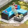 imageDevoko 5 Pieces Patio Furniture Sets All Weather Outdoor Sectional Patio Sofa Manual Weaving Wicker Rattan Patio Seating Sofas with Cushion and Glass TableBeigeBlue