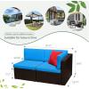 imageDevoko 5 Pieces Patio Furniture Sets All Weather Outdoor Sectional Patio Sofa Manual Weaving Wicker Rattan Patio Seating Sofas with Cushion and Glass TableBeigeBlue