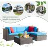 imageDevoko 5 Pieces Patio Furniture Sets All Weather Outdoor Sectional Patio Sofa Manual Weaving Wicker Rattan Patio Seating Sofas with Cushion and Glass TableBeigeBlue