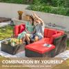 imageDevoko 5 Pieces Patio Furniture Sets All Weather Outdoor Sectional Patio Sofa Manual Weaving Wicker Rattan Patio Seating Sofas with Cushion and Glass TableBeigeRed