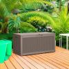 imageDevoko 85 Gallon Deck Box Lockable Resin Outdoor Storage Box waterproof Outdoor Container for Patio Furniture Cushions Pillow BrownLight Brown