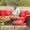 imageDevoko Patio Furniture Sets 6 Pieces Outdoor Sectional Rattan Sofa Manual Weaving Wicker Patio Conversation Set with Glass Table and Cushion BeigeRed