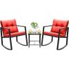 imageDevoko 3 Piece Rocking Bistro Set Wicker Patio Outdoor Furniture Porch Chairs Conversation Sets with Glass Coffee Table BeigeRed