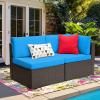 imageDevoko 5 Pieces Patio Furniture Sets All Weather Outdoor Sectional Patio Sofa Manual Weaving Wicker Rattan Patio Seating Sofas with Cushion and Glass TableBeigeBlue
