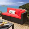 imageDevoko 5 Pieces Patio Furniture Sets All Weather Outdoor Sectional Patio Sofa Manual Weaving Wicker Rattan Patio Seating Sofas with Cushion and Glass TableBeigeRed