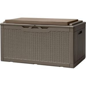 imageDevoko 120 Gallon Deck Box Resin Outdoor Storage Box Waterproof for Patio Large Outdoor Storage Bench Lockable for Outside Deep BrownBrown