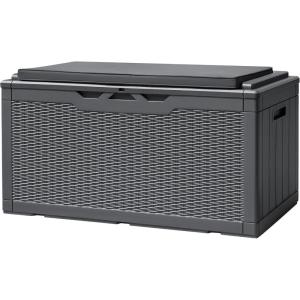 imageDevoko 120 Gallon Deck Box Resin Outdoor Storage Box Waterproof for Patio Large Outdoor Storage Bench Lockable for Outside Deep BrownGray