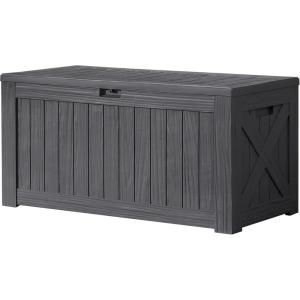 imageDevoko 120 Gallon Deck Box Resin Outdoor Storage Box Waterproof for Patio Large Outdoor Storage Bench Lockable for Outside Deep BrownGrey