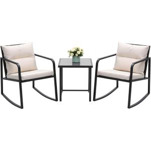 imageDevoko 3 Piece Rocking Bistro Set Wicker Patio Outdoor Furniture Porch Chairs Conversation Sets with Glass Coffee Table BeigeBeige