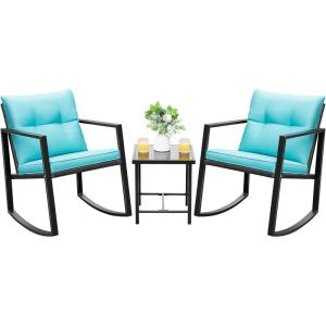 imageDevoko 3 Piece Rocking Bistro Set Wicker Patio Outdoor Furniture Porch Chairs Conversation Sets with Glass Coffee Table BeigeBlue