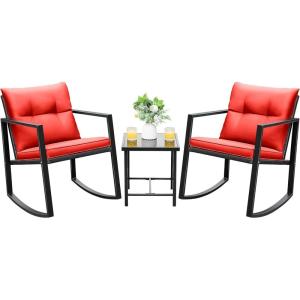 imageDevoko 3 Piece Rocking Bistro Set Wicker Patio Outdoor Furniture Porch Chairs Conversation Sets with Glass Coffee Table BeigeRed
