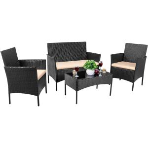 imageDevoko 4 Pieces Outdoor Patio Furniture Set PE Rattan Wicker Chairs Balcony Lawn Porch Patio Furniture Sets with Beige Cushion and Table BrownBlack