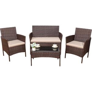imageDevoko 4 Pieces Outdoor Patio Furniture Set PE Rattan Wicker Chairs Balcony Lawn Porch Patio Furniture Sets with Beige Cushion and Table BrownBrown