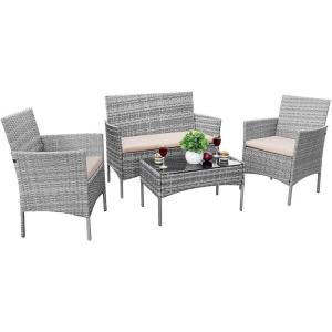 imageDevoko 4 Pieces Outdoor Patio Furniture Set PE Rattan Wicker Chairs Balcony Lawn Porch Patio Furniture Sets with Beige Cushion and Table BrownGrey