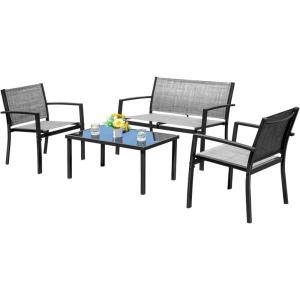 imageDevoko 4 Pieces Patio Furniture Set Outdoor Garden Patio Conversation Sets Poolside Lawn Chairs with Glass Coffee Table Porch Furniture BlackGrey