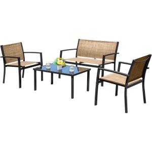 imageDevoko 4 Pieces Patio Furniture Set Outdoor Garden Patio Conversation Sets Poolside Lawn Chairs with Glass Coffee Table Porch Furniture BlackYellow