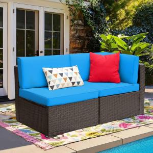 imageDevoko 5 Pieces Patio Furniture Sets All Weather Outdoor Sectional Patio Sofa Manual Weaving Wicker Rattan Patio Seating Sofas with Cushion and Glass TableBeigeBlue