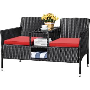 imageDevoko Outdoor Patio Loveseat Modern Rattan 2Seat Patio Conversation Set with Cushions ampamp Builtin Coffee Table Porch Furniture for Garden Lawn Backyard GreyRed