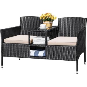 imageDevoko Outdoor Patio Loveseat Modern Rattan 2Seat Patio Conversation Set with Cushions ampamp Builtin Coffee Table Porch Furniture for Garden Lawn Backyard GreyBeige