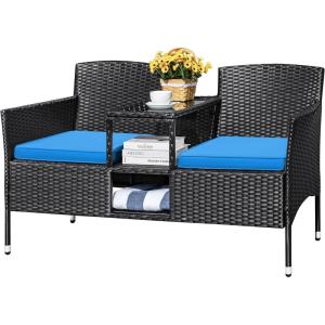 imageDevoko Outdoor Patio Loveseat Modern Rattan 2Seat Patio Conversation Set with Cushions ampamp Builtin Coffee Table Porch Furniture for Garden Lawn Backyard GreyBlue