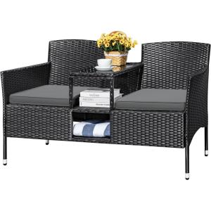 imageDevoko Outdoor Patio Loveseat Modern Rattan 2Seat Patio Conversation Set with Cushions ampamp Builtin Coffee Table Porch Furniture for Garden Lawn Backyard GreyGrey