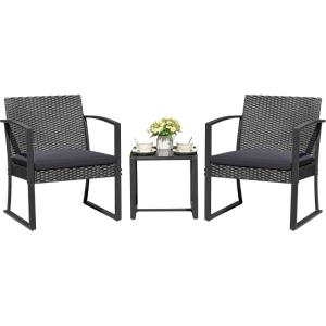 imageDevoko PP Patio Furniture Set 3 Piece All Weather Outdoor Bistro Chairs with Cushions and Coffee Table for Outside Garden Balcony Porch BlackBlack