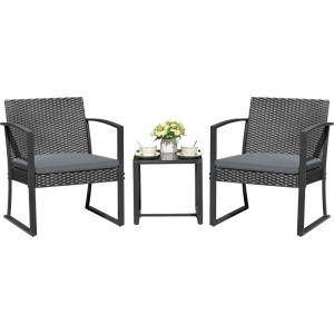 imageDevoko PP Patio Furniture Set 3 Piece All Weather Outdoor Bistro Chairs with Cushions and Coffee Table for Outside Garden Balcony Porch BlackGrey