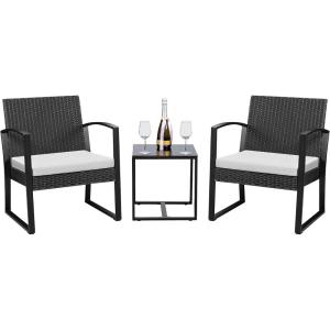 imageDevoko PP Patio Furniture Set 3 Piece All Weather Outdoor Bistro Chairs with Cushions and Coffee Table for Outside Garden Balcony Porch BlackWhite