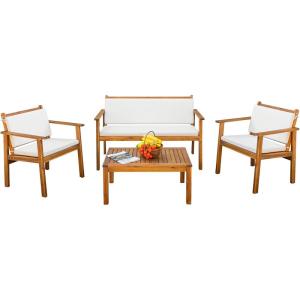 imageDevoko Patio Furniture 4 Piece Acacia Wood Outdoor Conversation Sofa Set with Table ampamp Cushions Porch Chairs for Garden Deck Backyard Natural4 PIECES