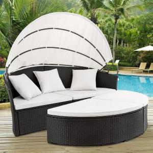 imageDevoko Patio Furniture Outdoor Round Daybed with Retractable Canopy Wicker Rattan Separated Seating Sectional Sofa for Patio Lawn Garden Backyard Porch
